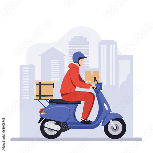 Vibrant flat 2D vector illustration showcases a dedicated delivery person on a scooter, package in hand, swiftly navigating a bustling city street with simplified urban buildings in the background.