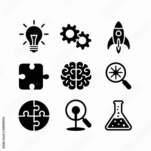 Flat vector icon bundle of innovation and creative ideas, bright light bulb, gear mechanism, brain creativity, puzzle piece, rocket launch, research magnifying glass, invention lab flask,