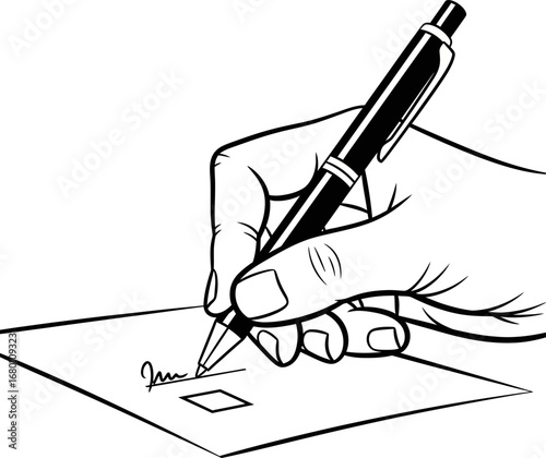 Hand signing document with pen, black and white illustration