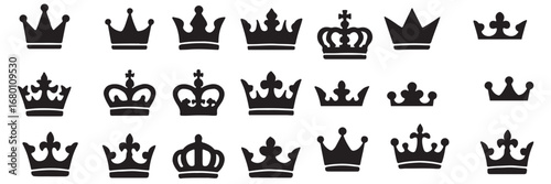 Crown symbols. Set of black crown icons. Black crown sign collection. Big collection quolity crowns. Crown icon set. Collection of crown silhouette.