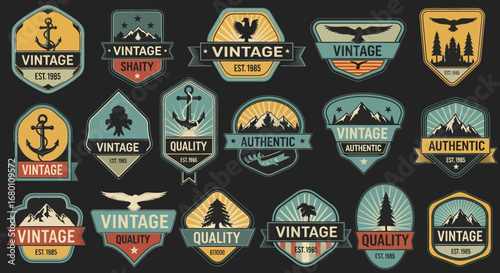 A diverse collection of vintage adventure and nautical emblems featuring mountains anchors and eagles.