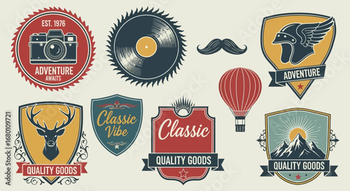 Vintage retro badges collection featuring camera deer helmet mountains hot air balloon record and mustache.