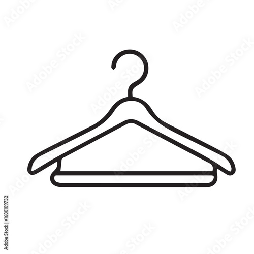 Vector graphic of clothing hanger, displayed in black and white with bold black outline, emphasizing clean lines, minimalism, simplicity, modern fashion style element.
