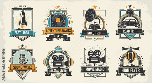 Set of eight vintagestyle adventure and travel badges featuring classic rockets cars cameras and music.