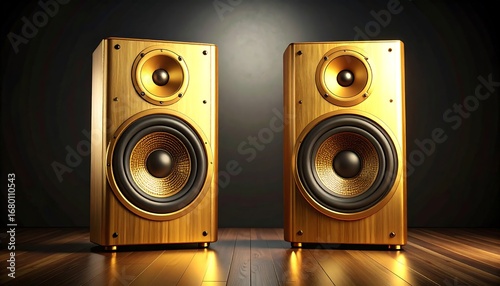 Golden speakers on a wooden floor
