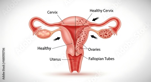 Detailed female reproductive system showing healthy anatomy and other pathologies, transparent background