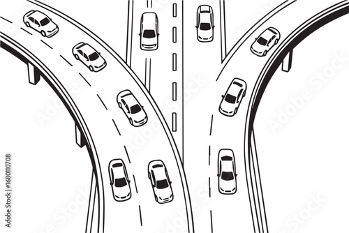 Vector illustration of flyover road filled with many vehicles, top view perspective, designed in black and white with bold black outlines emphasizing structure.
