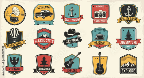 Collection of colorful vintage logo emblems and retro badges with classic cars guitars and travel icons.