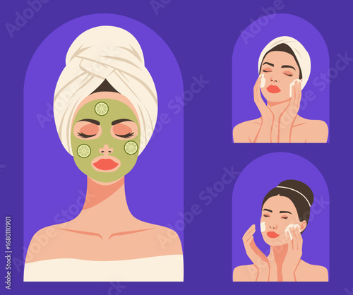 Skincare Routine Vector Set – Spa Facial Mask and Cleansing Illustration