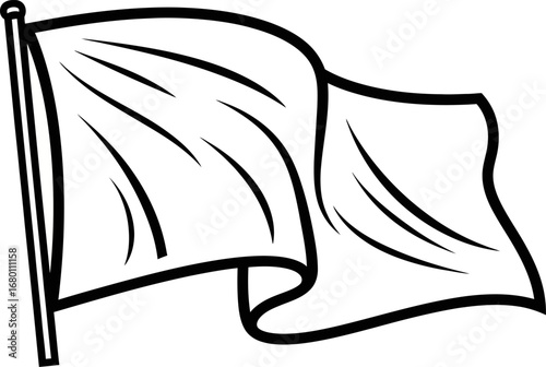 Blank White Flag Waving on a Pole, Simple Line Art Illustration