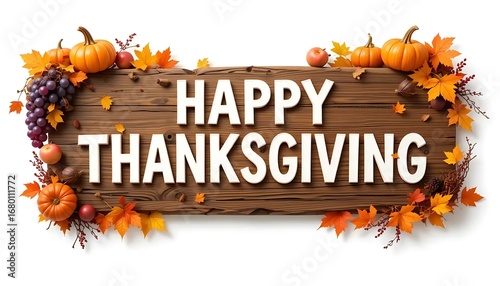 A festive and humorous Thanksgiving-themed image featuring a rustic wooden sign that reads “HAPPY THANKSGIVING” in white capital letters