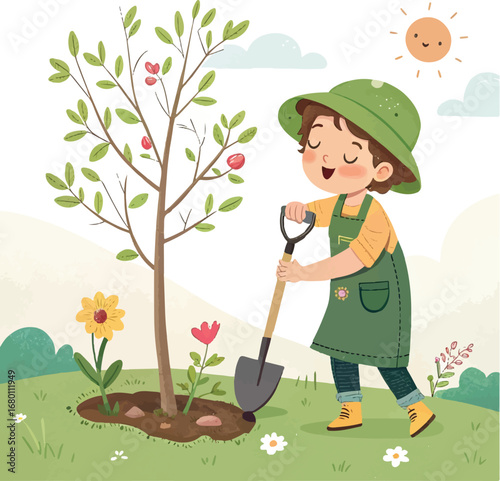 Illustration of a Child Digging Near a Tree in a Sunny Garden