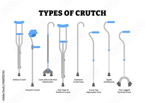 Different types of crutch types. Cane types set collection. Labeled Axillary, Forearm, Crab Foot Attachment, One, Crook Cane, Spade Handlecane, Four Legged Pyramid Cane. Patient rehabilitation aid.