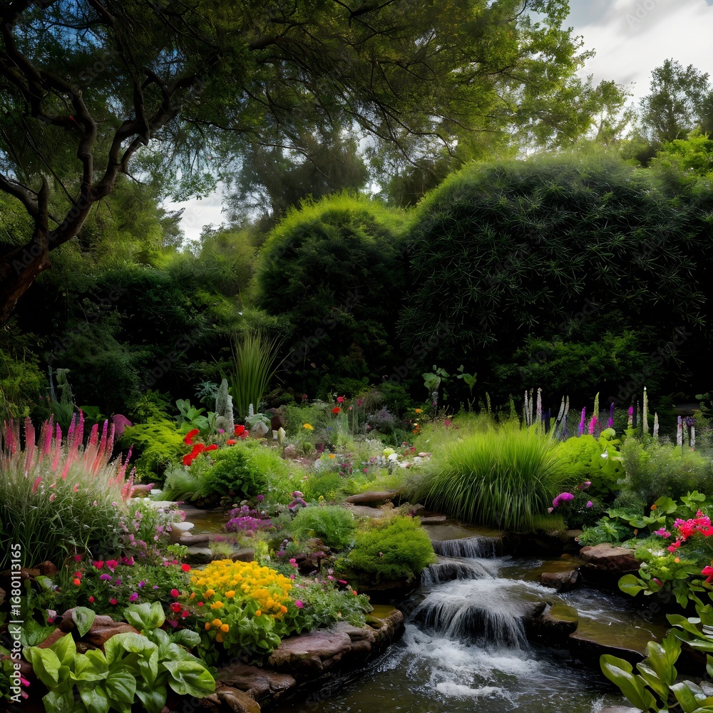 Obraz premium Tranquil Garden with Waterfall