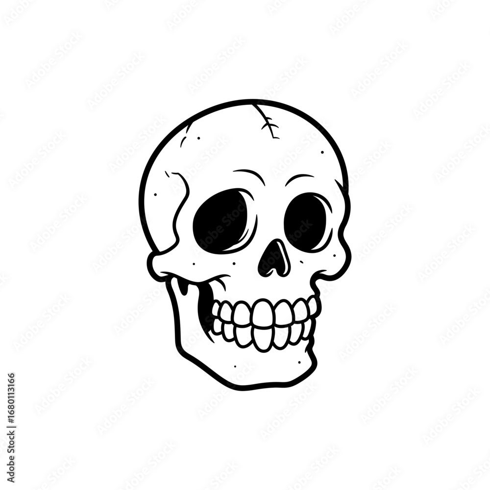 Fototapeta premium Cartoonish Skull with Bold Outline Prominent Teeth and Stylized Cracks.