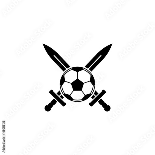 Black Silhouette of Soccer Ball with Two Crossed Swords in a Bold Design.