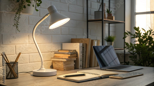 A bright desk lamp illuminating a workspace with a laptop books and a notebook in a cozy room setup