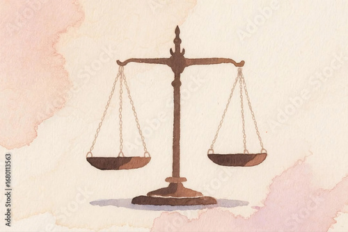 Watercolor illustration of scales of justice, hand-drawn with soft textured background