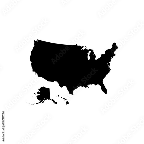 Silhouette of the United States of America including Alaska and Hawaii.