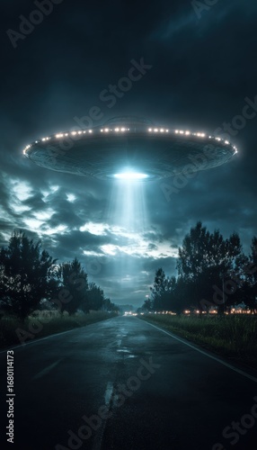 Mysterious U F O Illuminates Dark Roadway at Night Creating Suspenseful Atmosphere with Starry Sky and Enigmatic Feelings of Otherworldly Adventure