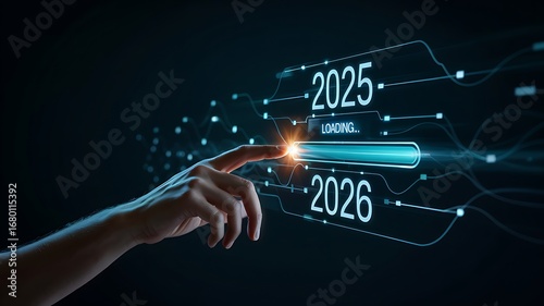 Human finger touches a futuristic digital interface selecting the year 2026 from 2025 with glowing progress bar and network connections