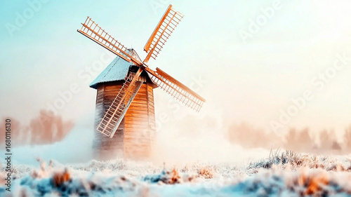 Frosty Winter Sunrise: Wooden Windmill in Misty Snow Covered Field