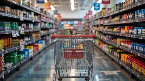 Empty shopping cart positioned in the middle of a brightly lit supermarket aisle filled with colorful products on shelves