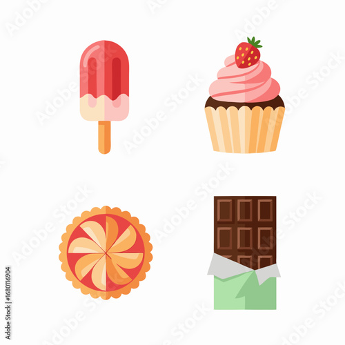 Delicious treat time with cupcake, candy, chocolate, and ice pop for sweet shop displays