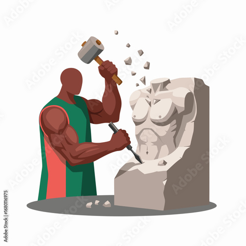 Skilled sculptor meticulously crafting a statue with hammer and chisel, artful creation process