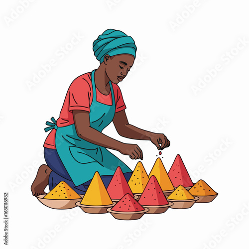 Artisan carefully arranging colorful spices, adding a touch of magic to her unique culinary creations