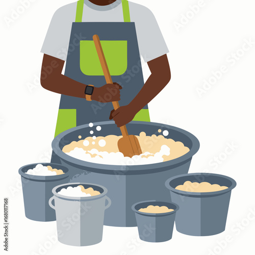 Person stirring batter in buckets, food preparation concept, bakery or food industry, vector graphic