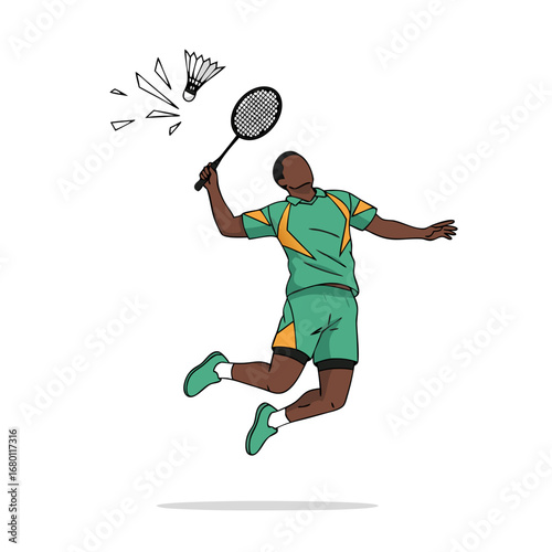 Dynamic badminton player powerfully smashing shuttlecock in mid-air for high-energy sports visuals