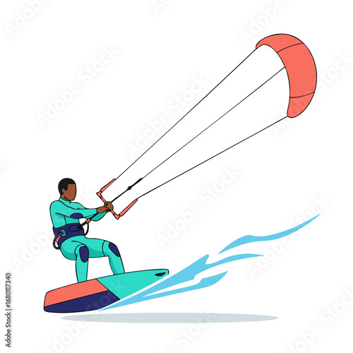 Kitesurfer enjoying dynamic water sport on sunny day, adventure and freedom concept, original vector art