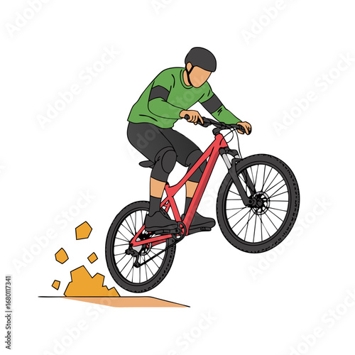 Dynamic mountain biker jumping obstacle with speed and skill for extreme sports action in nature