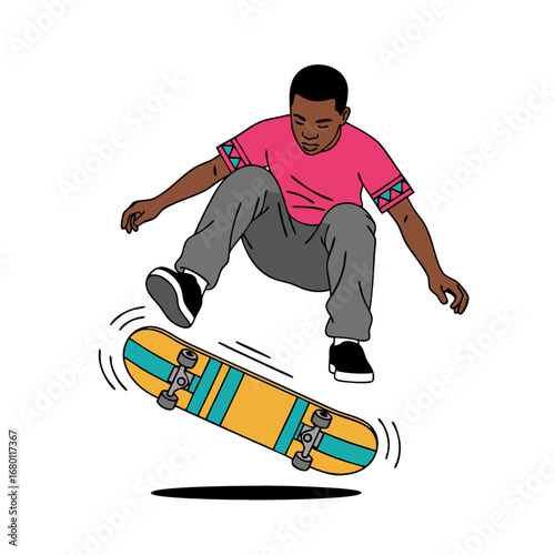 Cool skater skillfully performs a kickflip with dynamic energy and style for trendy lifestyle brands