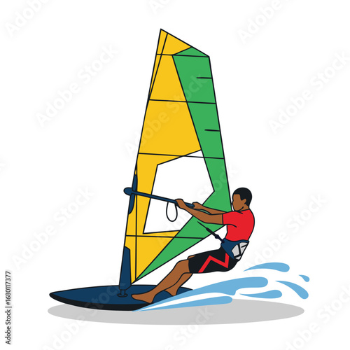 Dynamic windsurfer catches the wind, enjoying summer water sports adventure with speed and skill outdoors