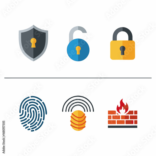 Cybersecurity shield lock fingerprint firewall icons for digital safety and data protection online