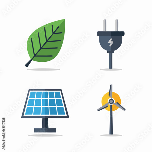 Eco-friendly energy sources show sustainability with solar panel, wind turbine, leaf and electric plug icons