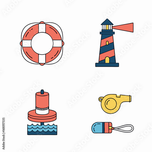 Nautical safety icons depicting lifeguard equipment and tools for marine emergency preparedness