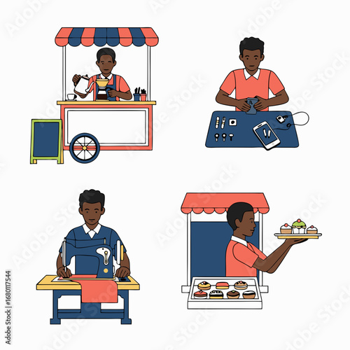 Diverse entrepreneurs showcase skills in coffee making, tech repair, sewing, and pastry sales