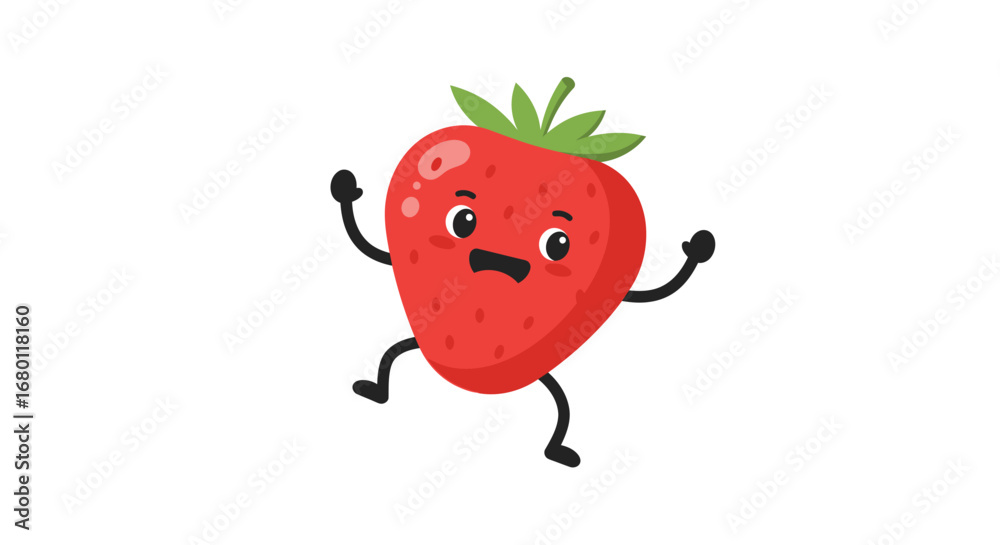 Fototapeta premium Cheerful Vector Flat Design of a Happy Strawberry Character in a Minimalist Style, Cartoon Environment, Whimsical Concept, for Kids' Art and Decor