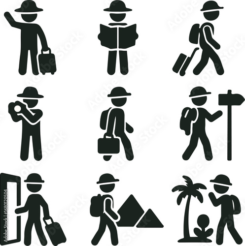 Icon set of travel adventurers embarking on journeys, exploring new destinations, and capturing memories