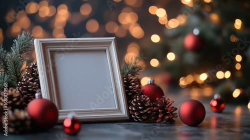 Christmas Picture Frame with Ornaments and Pine Cones