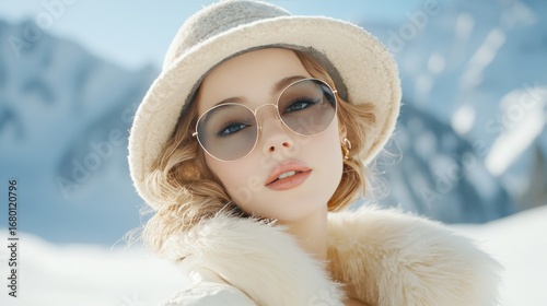 Fashionable woman in winter attire against snowy mountains