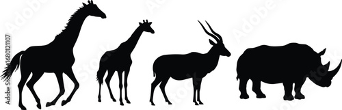 African wildlife animal silhouettes vector illustration, giraffe antelope rhinoceros artwork, wild safari animals design, nature concept art, savanna landscape graphic, zoo collection