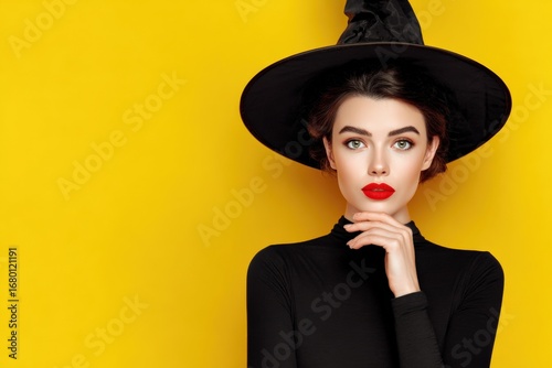 Beautiful Woman in Witch Costume with Black Hat Posing Against a Bright Yellow Background