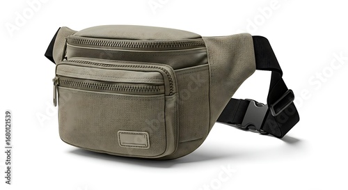 A khaki-colored fanny pack, or waist bag, with multiple compartments and adjustable straps, sits on a white background.
