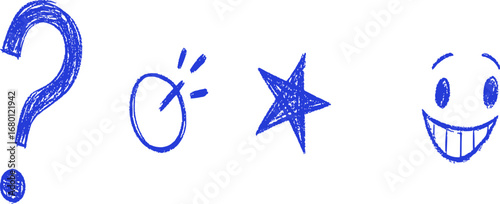 Hand-drawn blue question mark, burst, star, and smiling face on white background.