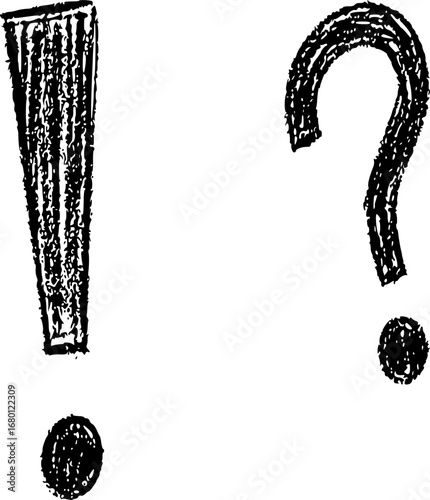Exclamation and question marks, hand drawn punctuation symbols for emphasis and interrogation.
