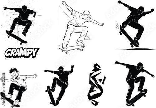 Vector skateboarder performing tricks, street style silhouette illustration, extreme sport concept art, dynamic skateboarding action poses, modern graphic design, urban youth lifestyle
